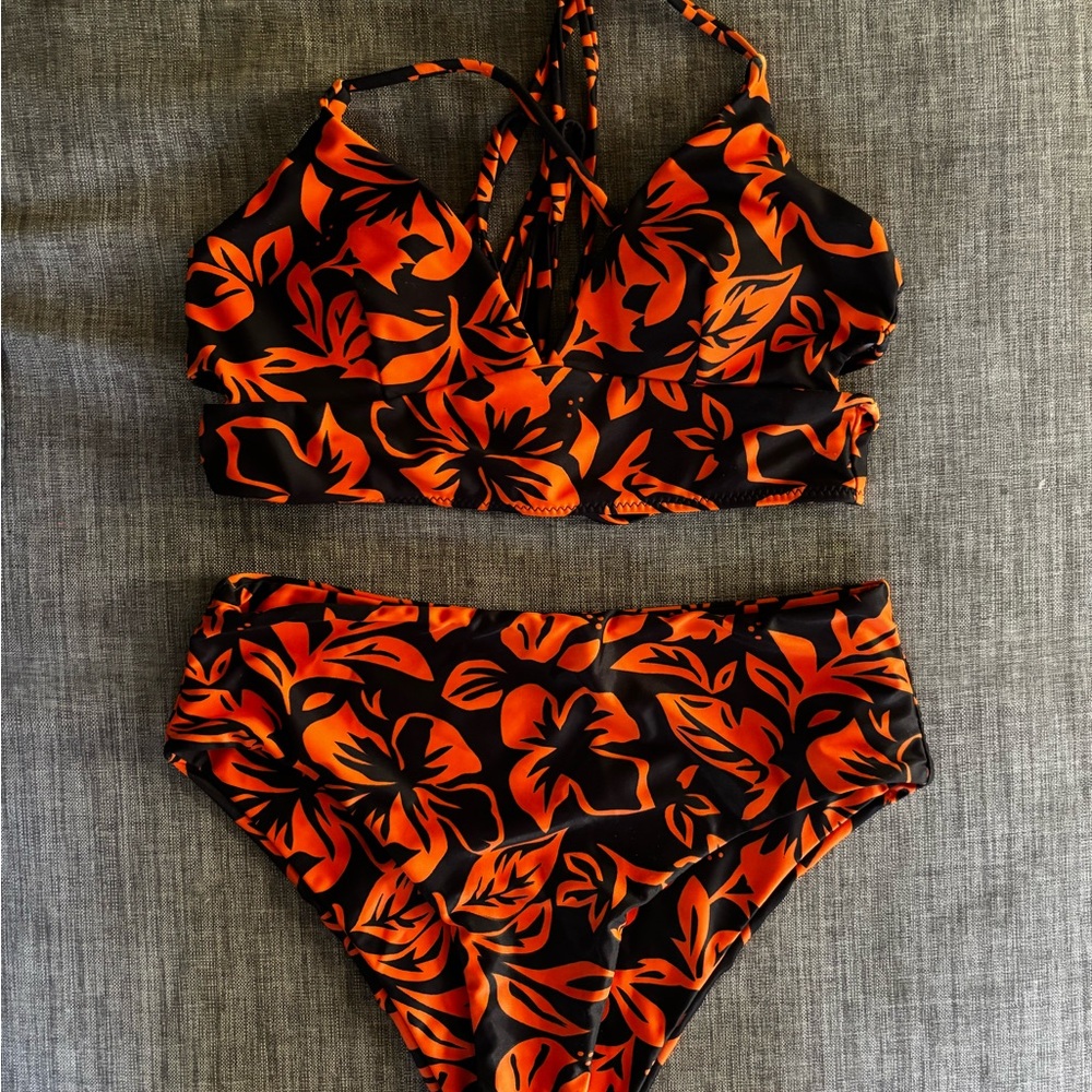 Floral Bikini Set in Black and Orange
